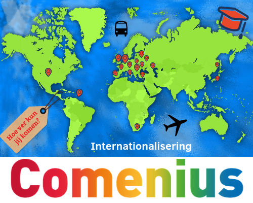 kaart met de locaties waar leerlingen van Comenius voor internationalisering naar toe gaan in de wereld.